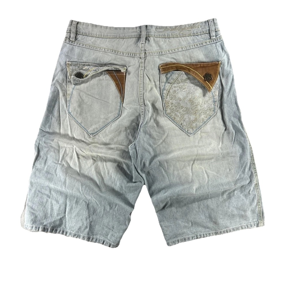 Pelle Pelle Shorts Mens 36 Blue Denim Bermuda Relaxed Floral Hip Hop Streetwear